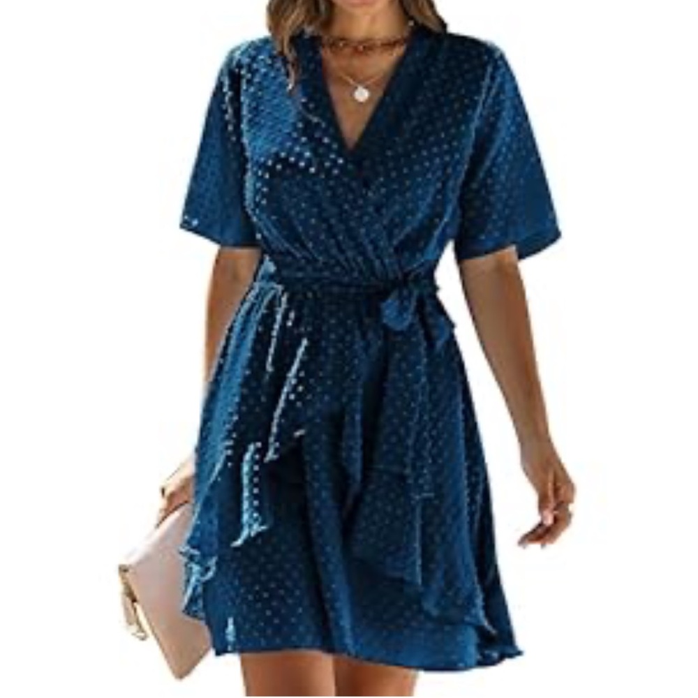 NWT Blue Faux Wrap Dress with Tie Waist